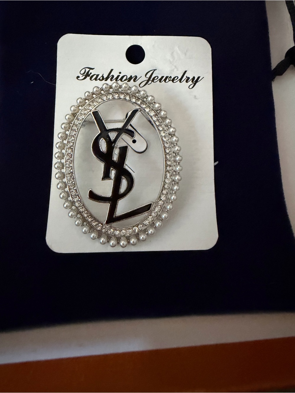 Silver Tone Oval Signature Brooch - with rhinestones, fashion jewelry